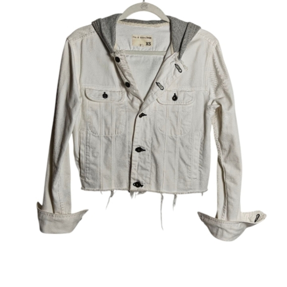 RAG & BONE / JEAN Button Up White Jean Jacket With Gray Hood Size Xsmall - Picture 1 of 16